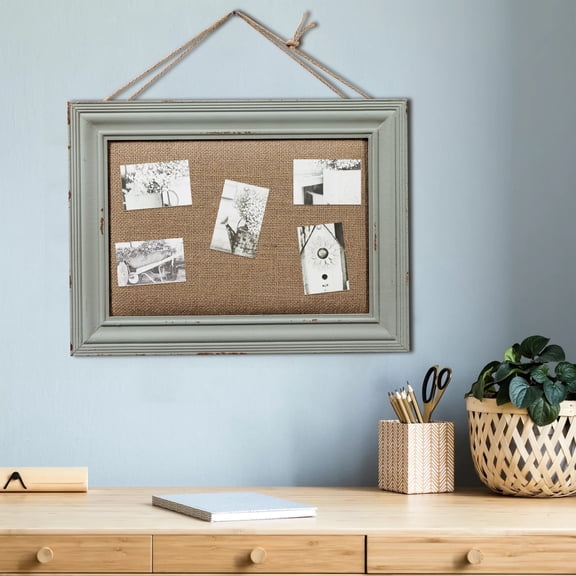 SOFE Cute Linen Small Bulletin Board, 15.7" × 12" Decorative Cork Boards for Walls with Blue Frame