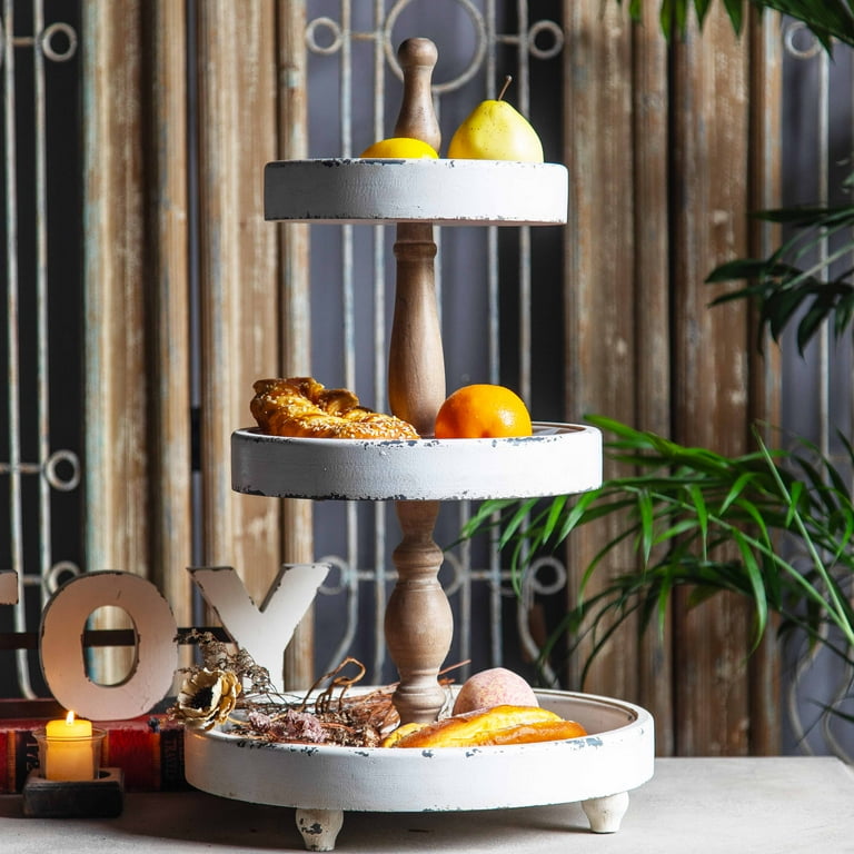 SOFE Distressed White Tiered Cake Tray Stand, Rustic Wood Three