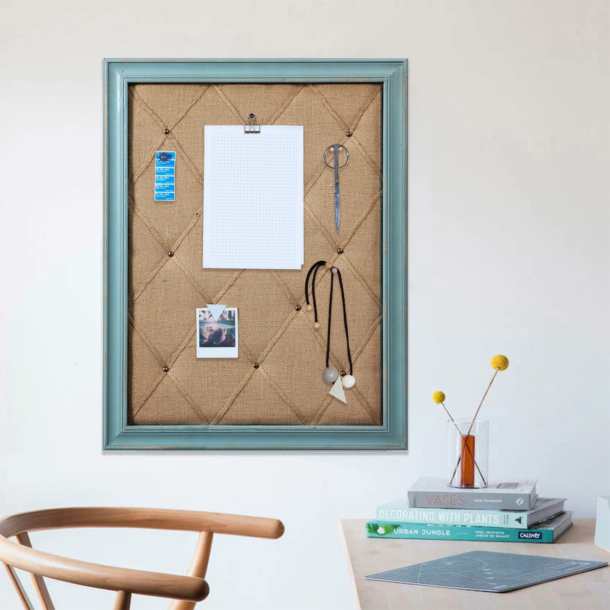 "SOFE Fabric Cork Bulletin/Memo Board, Office Use, 21""×27"", Rustic Turquoise Blue Frame