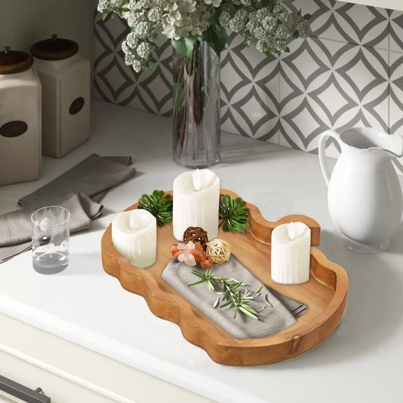 SOFE Farmhouse Pumpkin Serving Tray for Tabletop Decor, Wooden Brown Serving Platter Shallow Dishes, Long Wood Handmade Rustic Trays for Coffee Table, Ottoman, Table Centerpieces for Dining Room