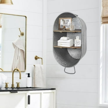 SOFE Galvanized 2 Tier Display Shelf Wall Mounted, Metal Wash Tub with Shelf, Oval Wall Shelf Country Bathroom Decor, Farmhouse Laundry Wall Shelf, Floating Bathroom Wall Decor