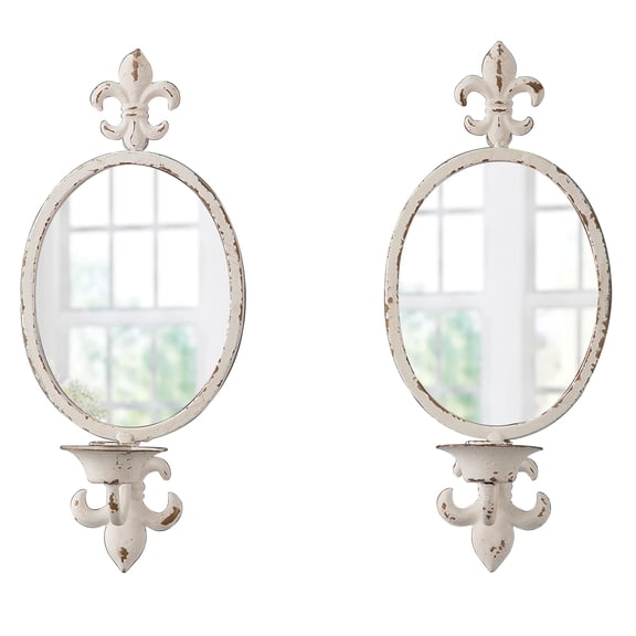 SOFE Metal Shabby Chic Wall Sconces Set of Two Candle Holder, Oval Mirrored Wall Candle Holder for Taper Candles, White ‎5.7" x 4.1" x 13.6"