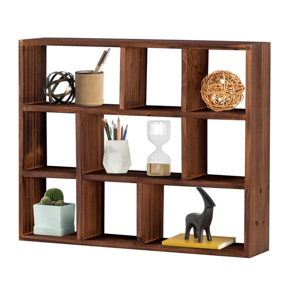 SOFE Rustic Brown 9-Cube Floating Shelves, Wall Mount Shadow Box Compartment Frame for Collectibles & Home Decor