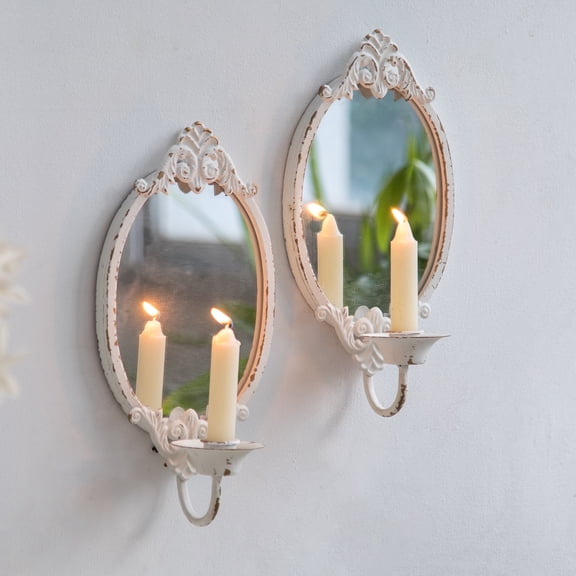 SOFE Wall Candle Sconces Set of 2 - Rustic White Mirrored Metal Candle Holders - Vintage Farmhouse Home Decor - Handmade Taper Candle Sconce for Living Room, Bedroom