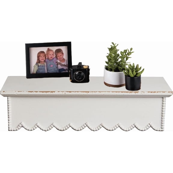 SOFE Rustic Wood Shelves for Wall White - Shelf for Bedroom Bathroom Kitchen Small - Wall Bookshelf Storage Organizer - Plant Collectibles Display Shelving Wall Mounted- Scalloped Shelves