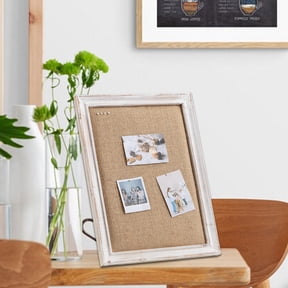 SOFE Small Bulletin Board for Desk, 12"×16" Cute Linen Pin Board Rustic White Wood Frame, Vision Board Display Photo Memo Board for Office Living Room Bedroom Study Room Tabletop