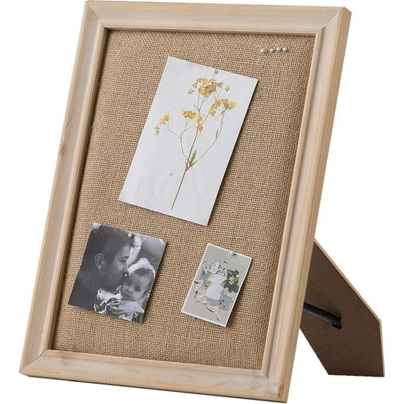 SOFE Small Linen Desk Bulletin Board, 12"×16" Decorative Pin Board Wood Framed with Stand, Tabletop Vision Photo Display Picture Board for Living Room Bedroom, Country Style