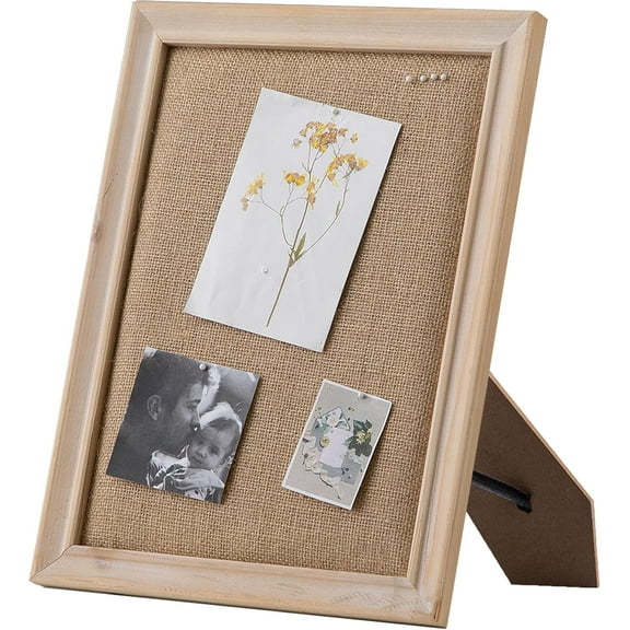 SOFE Small Linen Desk Bulletin Board, 12"×16" Decorative Pin Board Wood Framed with Stand, Tabletop Vision Photo Display Picture Board for Living Room Bedroom, Country Style