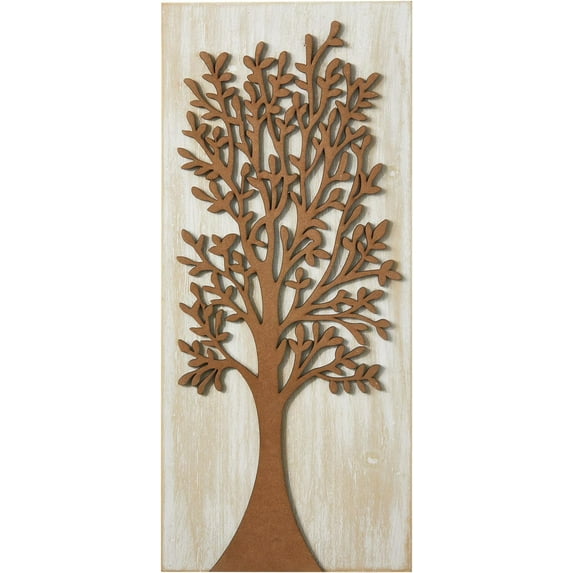 SOFE Tree of Life Wall Sculptures, Farmhouse Rectangle Wall Art, Washed Wooden Wall Hanging Decor with Brown Family Tree, Living Room Bedroom Kitchen Wall Decor, Rustic Framed Artwork for Walls