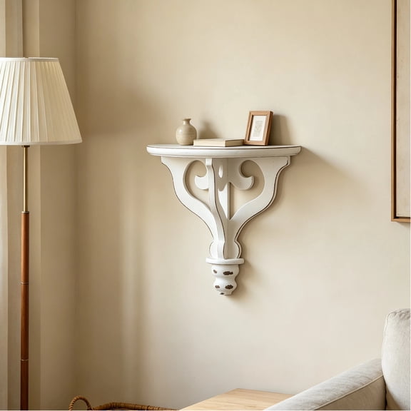 SOFE Victorian Semicircle Floating Shelf - Distressed White Small Wall Shelf 11.8"L for Plants & Decor, Wooden Hanging Shelves for Hallway, Bedroom, Living Room Wall Mount