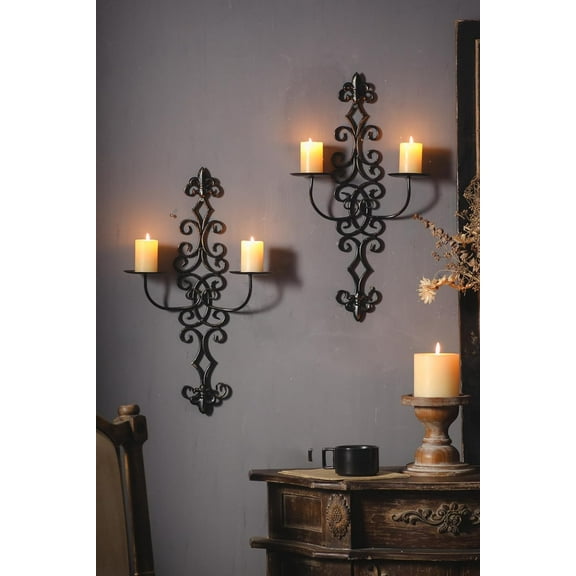 SOFE Wall Candle Holders Decorative, Retro Black Wall Candle Sconces, Farmhouse Wall Sconce Iron Hanging Candle Holder, Metal Scroll Wall Decor for Bedroom Living Room Home Porch
