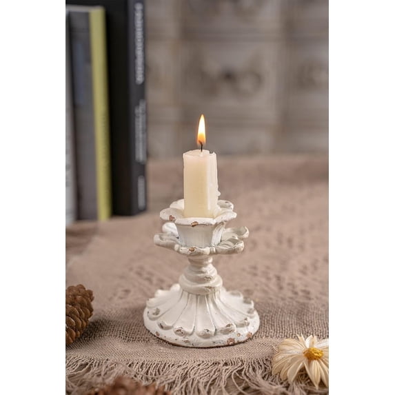 SOFE White Candle Stick Holder Vintage, Flower Candlestick Holder, 3 Inch Resin Taper Candle Holder Small, Short Rustic Candle Centerpieces for Tables, Wedding, Dining, Party