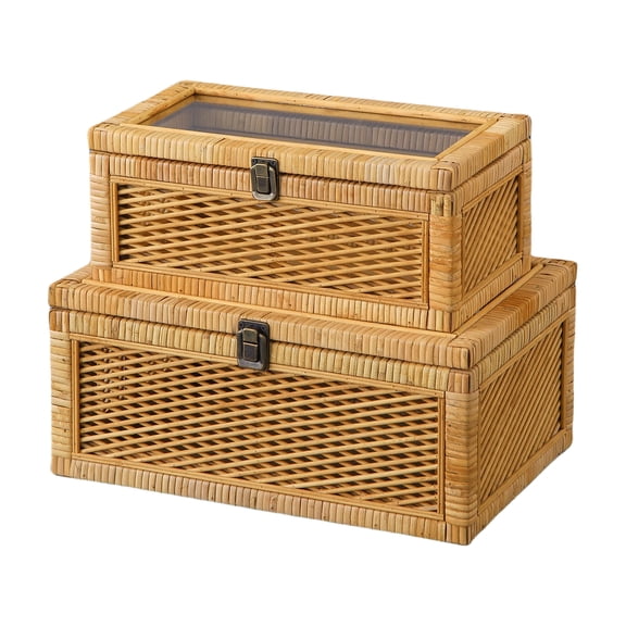 SOFE Wicker Basket Large Rectangle Storage Boxes with Hinged Lids and Latches, Natural Rattan Organizers, Set of 2