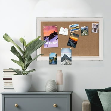 SOFE Wood Framed Cork Board Bulletin Boards for Walls, White Picture Display Linen Fabric Pin Board, Decorative Vision Memo Board for Living Room School Office Bedroom, 18" x 28"
