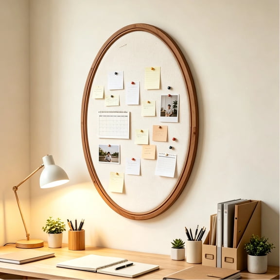 SOFE Wood Linen Bulletin Board, Oval Pin Board Memo Board with Wooden Frame for Wall Decor, Cork Message Center Display Board for Home Office Classroom Organization