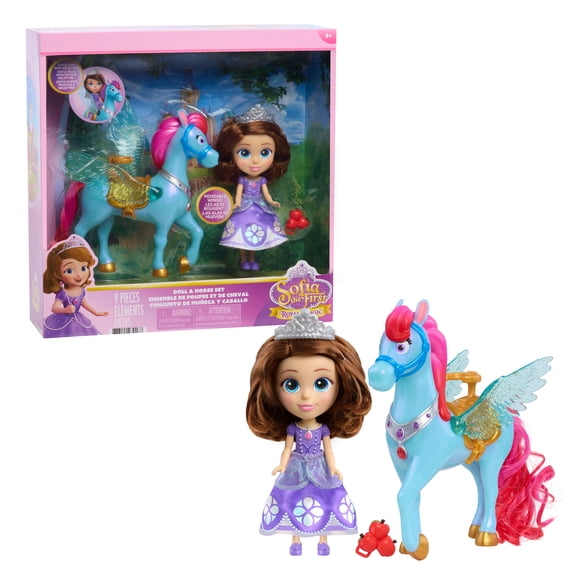 Disney Jr. Sofia the First Doll with Horse, Princess Sofia & Wildfyre Pegasus Toy Set with Moveable Wings, 9-Piece Kids Doll Playset, Walmart Exclusive