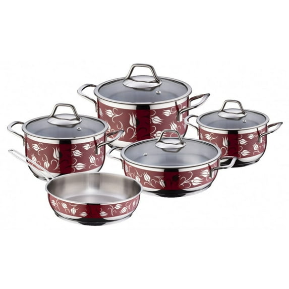 SOFRAM Red Tulips Stainless Steel 9-Piece Cookware Set Pots and Pans Set Induction Cookware Kitchen Cooking Sets