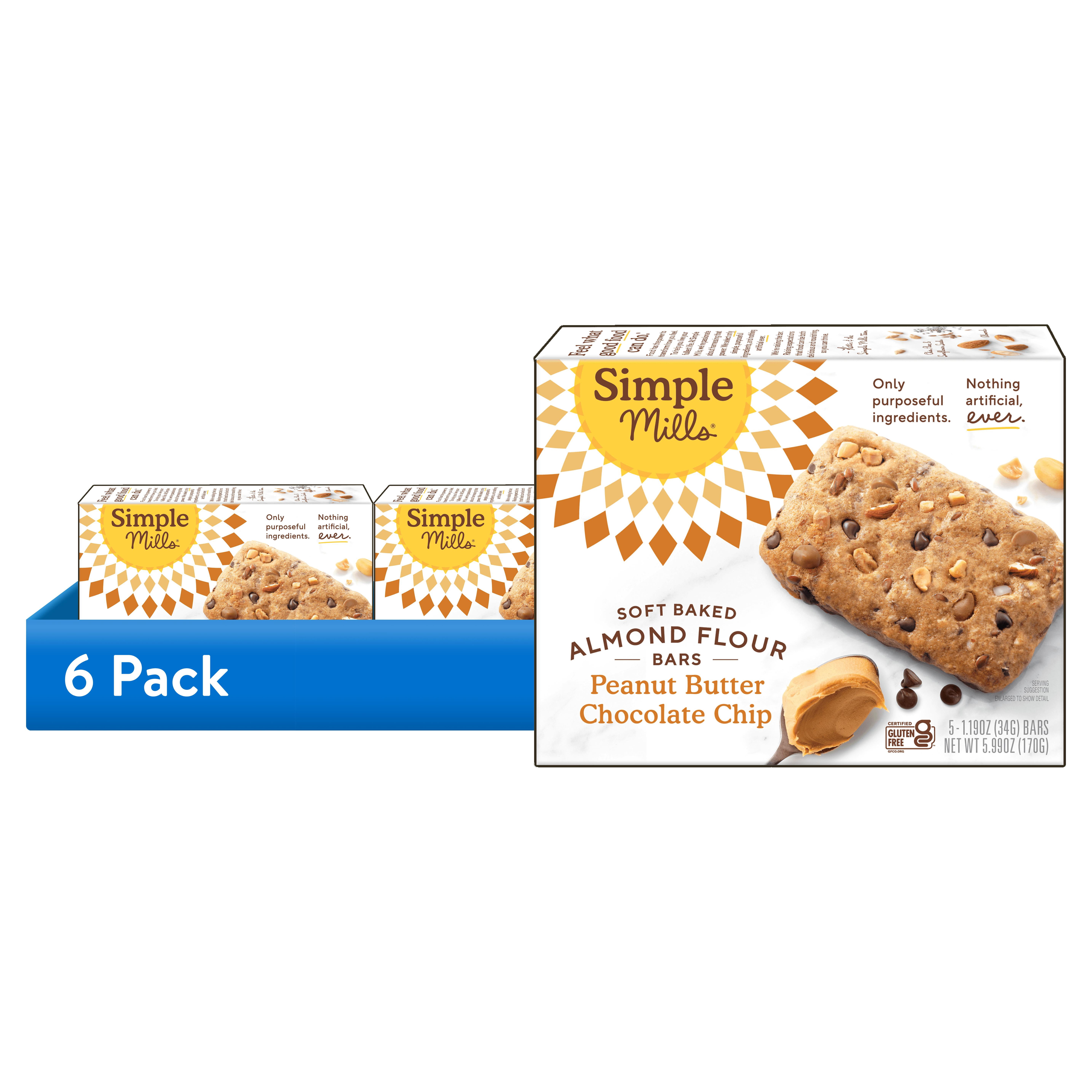 (6 pack) Simple Mills Soft Baked Almond Flour Bars, Peanut Butter Chocolate Chip, 5 Count