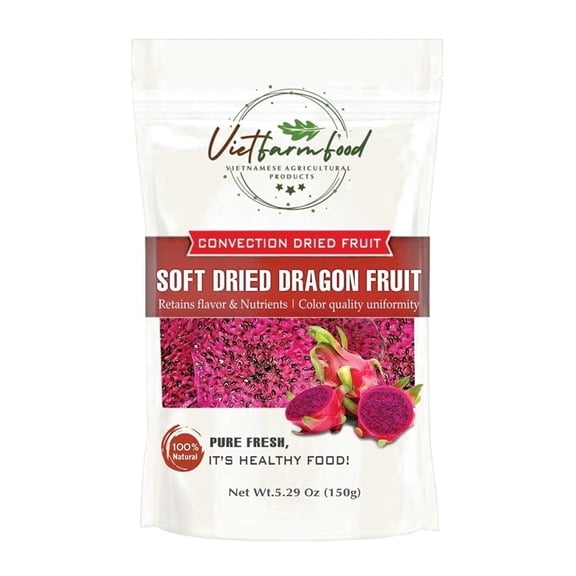 SOFT DRIED RED DRAGON FRUIT 5.29 Oz (150g) VIETFARMFOOD: Convection dried fruit, pure natural sweetness without sugar, soft when chewed. Suitable for snack, topping, healthy desserts for all ages