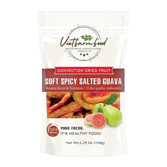 SOFT SPICY SALTED PINK GUAVA 5.29oz (150g) VIETFARMFOOD: Convection dried fruit with little sugar, salt, chili natural sweet, soft when chewed. Suitable for snack, topping, healthy dessert