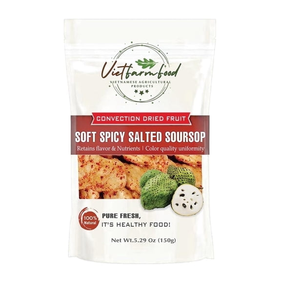 SOFT SPICY SALTED SOURSOP 5.29oz (150g) VIETFARMFOOD: Convection dried fruit with a little sugar, salt, chili natural sweet, soft when chewed. Suitable for snack, topping, healthy dessert for all age