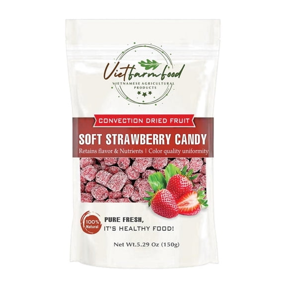SOFT STRAWBERRIES CANDY 5.29oz (150g) VIETFARMFOOD: Convection dried fruit with a little sugar, salt, natural sweetness, soft when chewed. Suitable for snack, healthy dessert for all ages