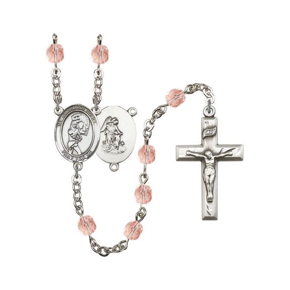 SOFTBALL/GUARDIAN ANGEL Silver-Plated Rosary 6mm October Pink Fire Polished Beads Crucifix Size 1 3/8 x 3/4 medal charm