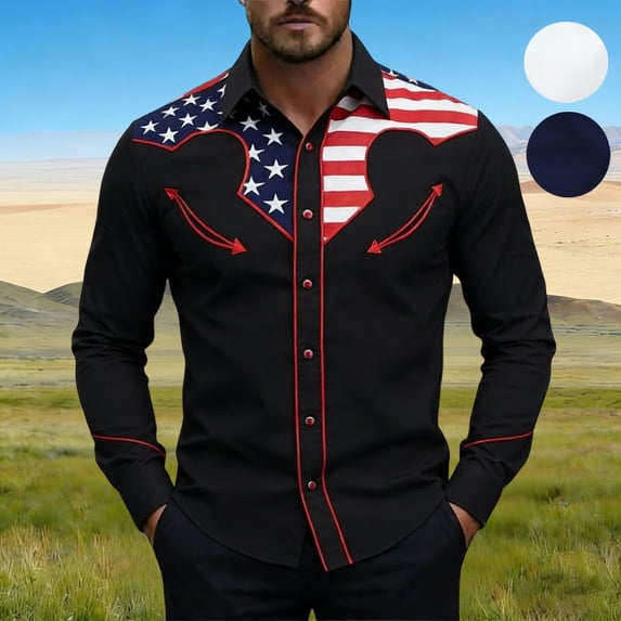 SOFTCCLO America 250 Merchandise Men Long Sleeve Collared Independence Day Print Button Down Shirt Stylish Casual Relaxed Fit Navy M