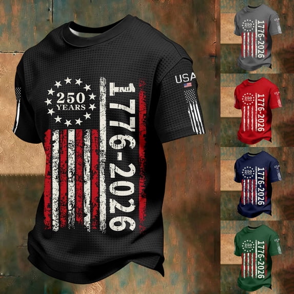 SOFTCCLO America 250 Merchandise Men Short Sleeve Crewneck Patriotic Graphic Tee Summer Waffle Knit Casual Comfortable Top Black L