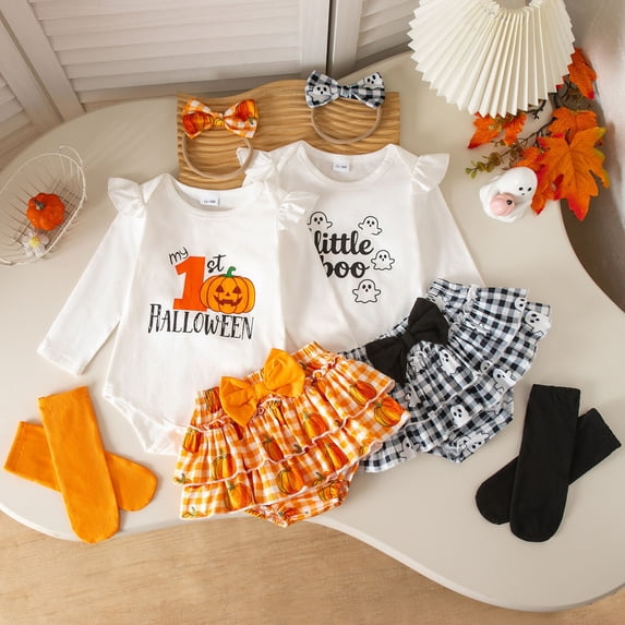 SOFTCCLO Baby Girl Halloween Outfit Fall Theme Print Cozy Romper Pants Headwrap 3 Piece Sets Size 9-12M
