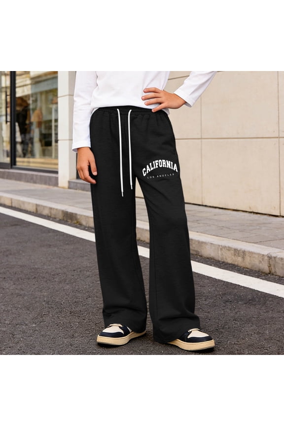 Boys Pants Graffiti Letter Print Loose Straight Leg Drawstring Casual Sports Long Pants Size 6-7Y