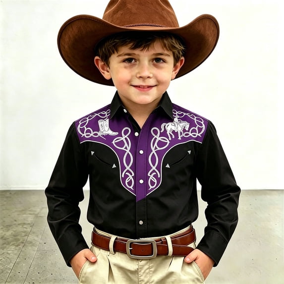 SOFTCCLO Boys Shirts Long Sleeve Button Down Collar Cowboy Western Print Button Down Tops Summer Casual Breathable Shirt for Boys Size 12-13Y