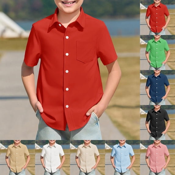 SOFTCCLO Boys Shirts Short Sleeve Lapel Collar Solid Color Tops With Pocket Summer Casual Breathable Kids Shirts 5-6Y