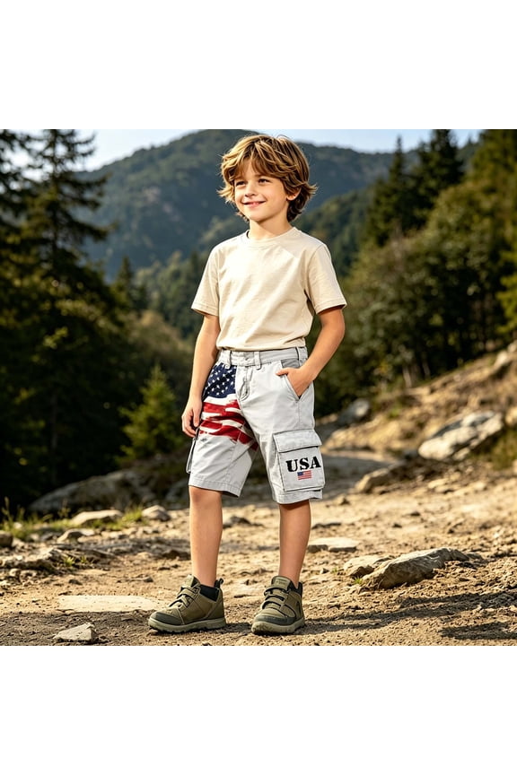 Boys Shorts Summer Independence Day Pattern Casual Stylish Loose Relaxed Shorts for Play Size 11-12Y