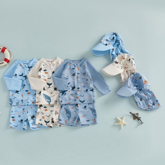 SOFTCCLO Boys Swimsuit 3 Piece Swim Set Long Sleeve Cartoon Zipper Swim Top Trunks Hat Rash Guard Bathing Suits Beach Kids Swimwear Size 2-3Y