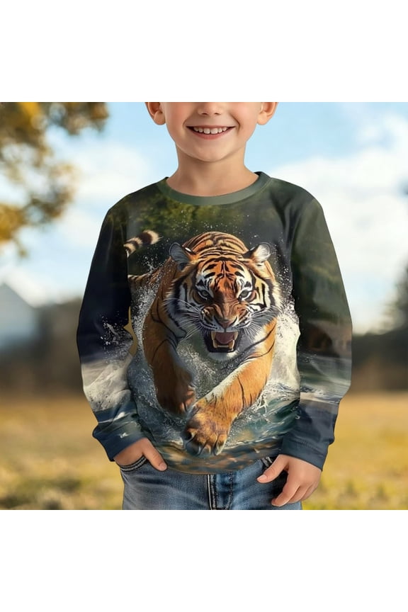 Boys Tshirts Long Sleeve Crewneck Graphic Tees Tiger Print Stylish Casual Comfy Kids T Shirts Size 4-5Y