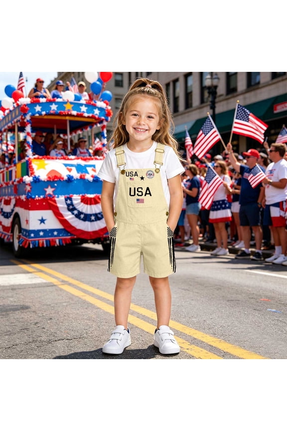 Children Overalls Patriotic Stars Print Loose Relaxed Summer Casual Shortalls for Boys Size 4-5Y