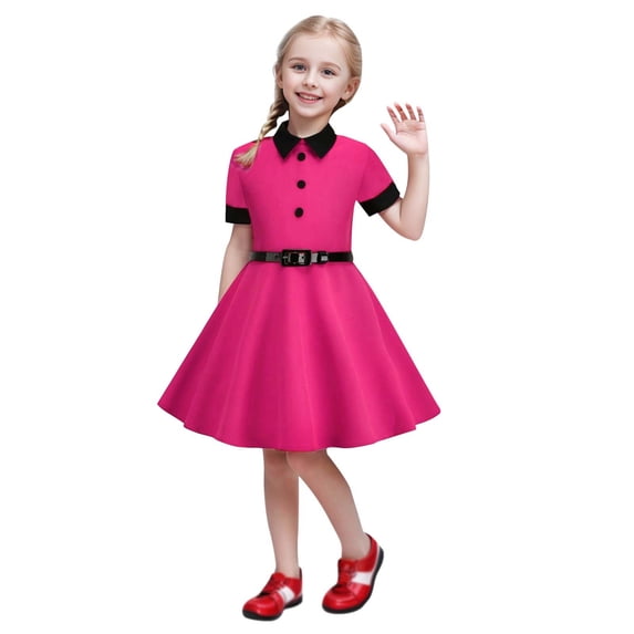 SOFTCCLO Dresses for Girls Elegant Solid Color Short Sleeve Lapel Button Shirt Dress with Belt for Daily Wear Size 9-10Y