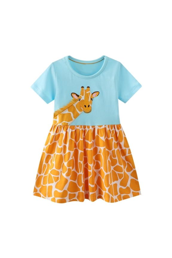 Dresses for Girls Short Sleeve Crew Neck Cartoon Giraffe Print Casual Princess Dress Summer Wear Size 1-2Y