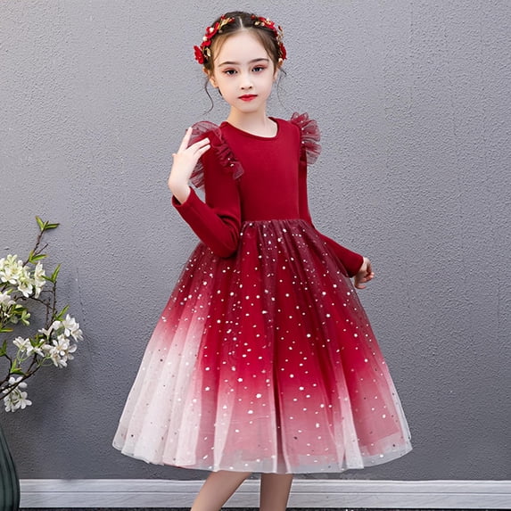 SOFTCCLO Girls Dresses Long Sleeve Galaxy Print Tulle Puffy Princess Dress Formal Party Gown for Fall Size 3-4Y