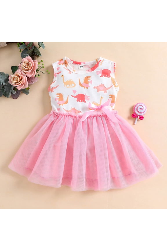 Girls Dresses Sleeveless Bow Dinosaur Print Tulle Splicing Casual Princess Dress Daily Wear Size 1-2Y