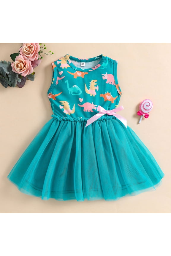 Girls Dresses Sleeveless Bow Dinosaur Print Tulle Splicing Casual Princess Dress Daily Wear Size 5-6Y