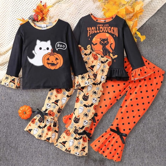 SOFTCCLO Girls Outfits Fall Winter Halloween Print Sweatshirt Flare Pants Letter 2 Piece Sets Size 2-3Y