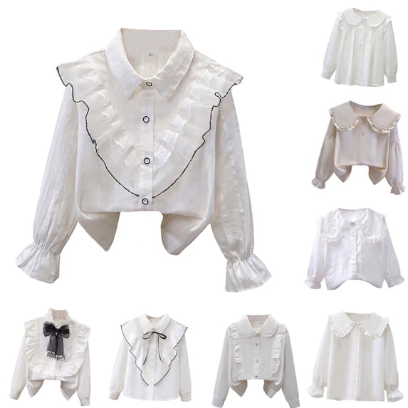SOFTCCLO Girls Shirts Long Sleeve Lapel Collar Solid Color Lace Detail Soft Casual Everyday Layering Kids Shirts 3-4Y