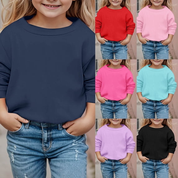 SOFTCCLO Girls Sweatshirts Solid Color Loose Athletic Pullover Top Crewneck Sweatshirts for Girls Size 6-7Y
