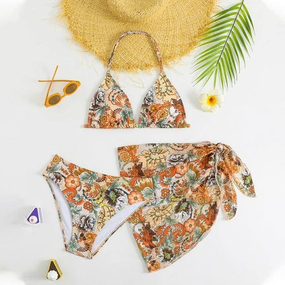 SOFTCCLO Girls Swimsuit Floral Print 3 Piece Bikini Set with Rash Guard Swim Shorts Beach Lightweight Youth Kids Swimwear Size 15-16Y