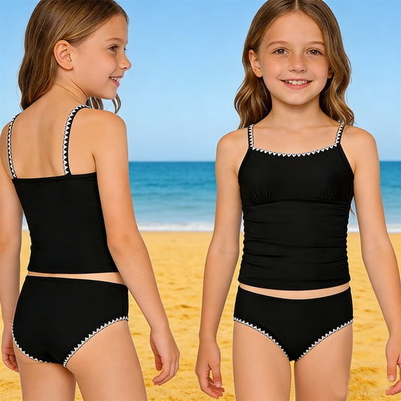 SOFTCCLO Girls Swimsuit Solid Color Contrast Trim 2 Piece Bathing Suit Casual Beach Padded Kids Swimwear Size 13-14Y