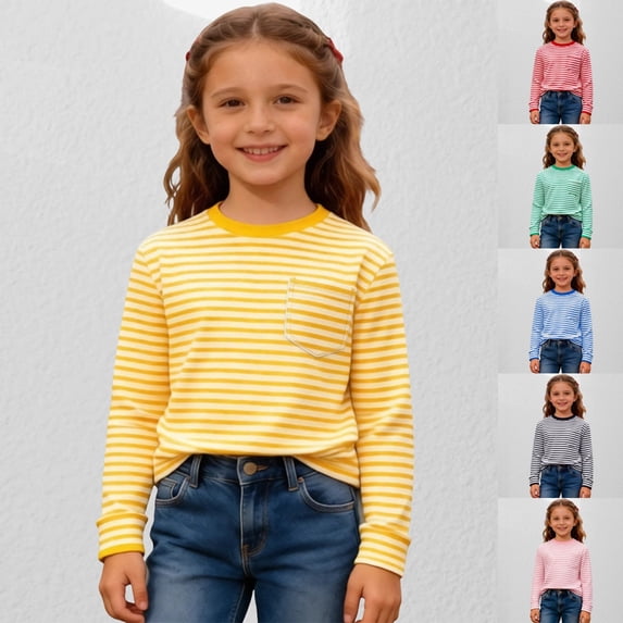 SOFTCCLO Girls T Shirts Long Sleeve Crewneck Graphic Tees Stripe Print Casual Comfortable Everyday Wear Kids T Shirts Size 5-6Y