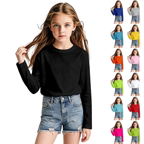 SOFTCCLO Girls T Shirts Long Sleeve Crewneck Solid Color Tops Mesh Fabric Breathable Casual Summer Kids T Shirts Size 5-6Y