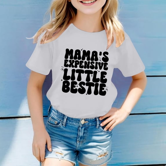 SOFTCCLO Girls T Shirts Short Sleeve Crewneck Graphic Tees Letter Print Casual Comfortable Basic Everyday Kids T Shirts Size 3-4Y